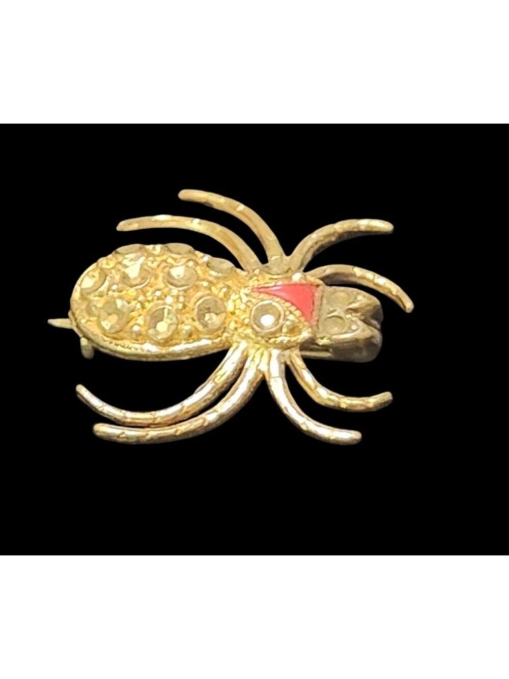 Victorian Gold-Tone Spider Pin Red Enamel Rhinestone Czech Slovakia